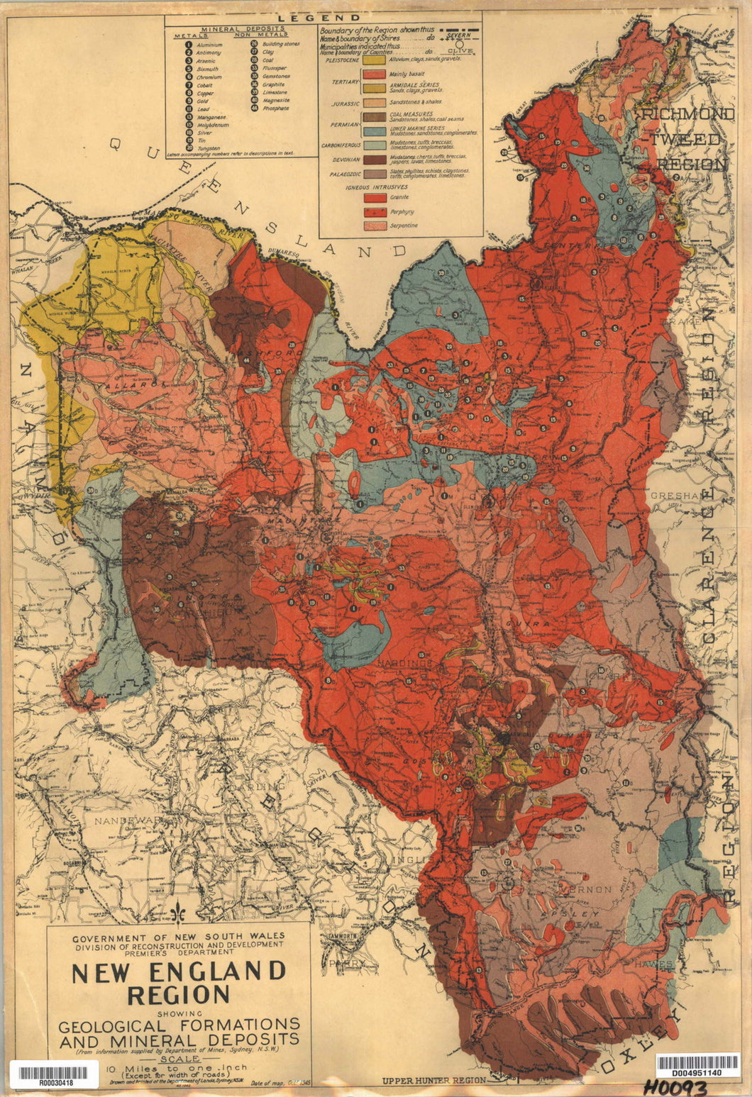 Image of New England Region Map Showing Geological Formations and Mineral Deposits, 1945  map