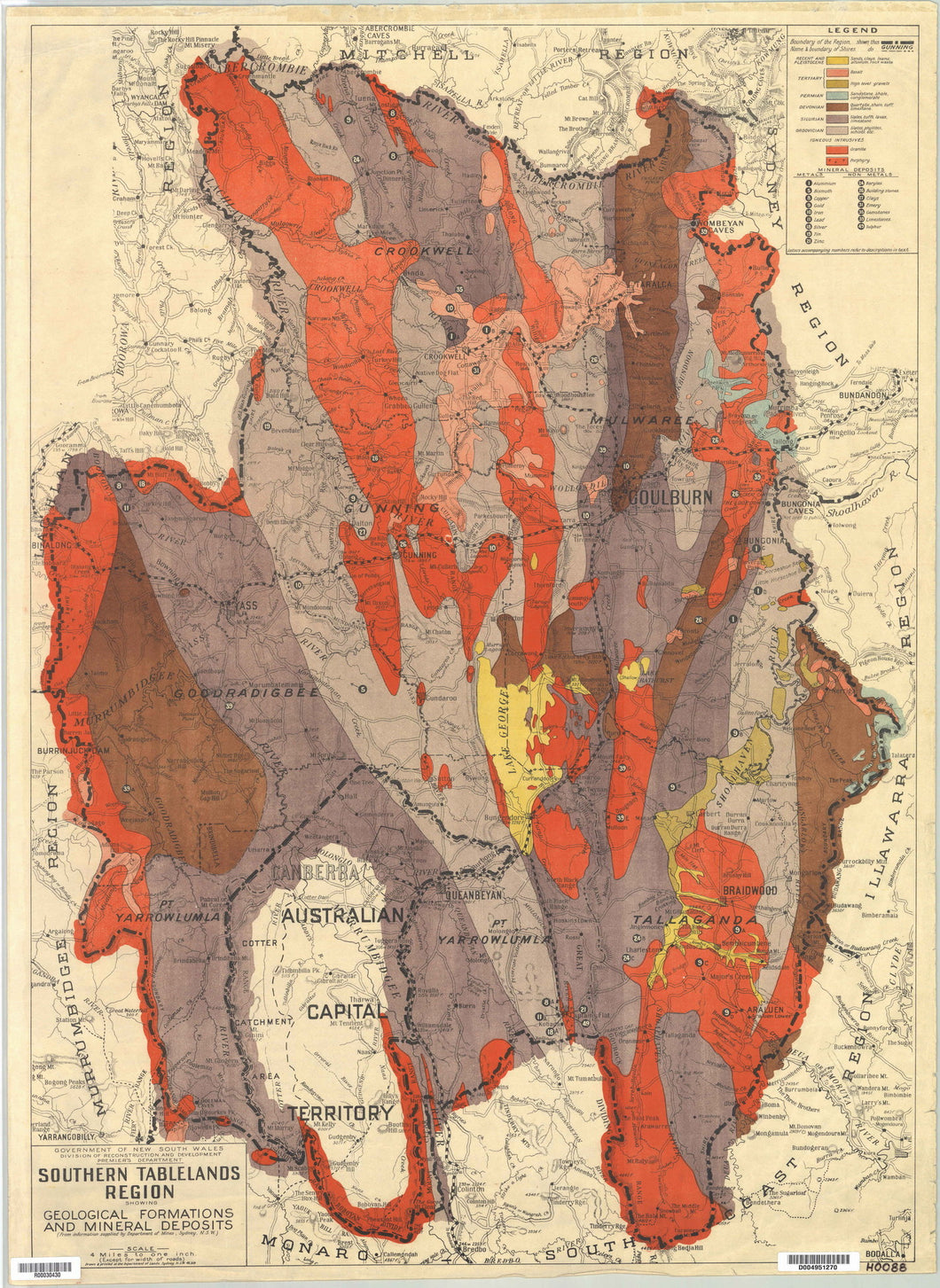 Image of Map of Southern Tablelands Region Showing Geological Formations and Mineral Deposits, 1945  map