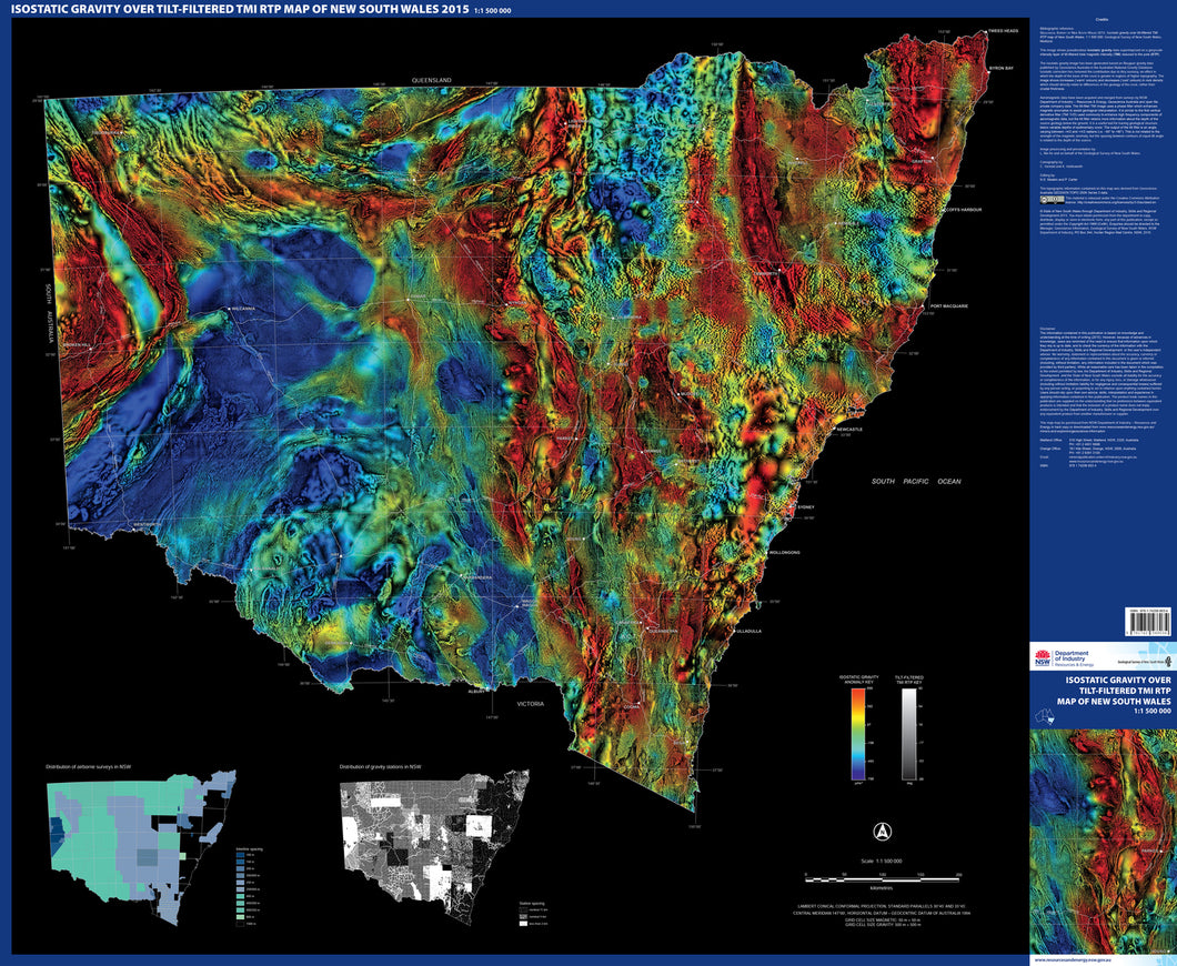 Image of Isostatic gravity over tilt filtered TMI RTP map of New South Wales 1:1500000   statewide geophysics 2015  map